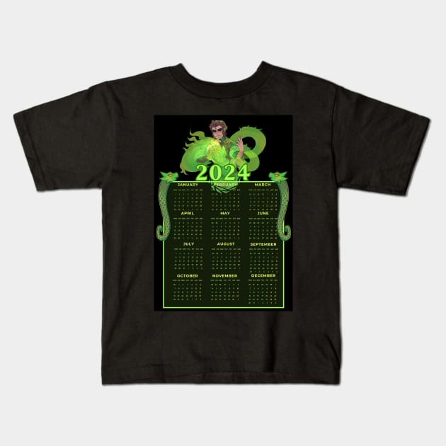 2024 New Year Green Earth Dragon Calendar with Jess Kids T-Shirt by WiliamGlowing